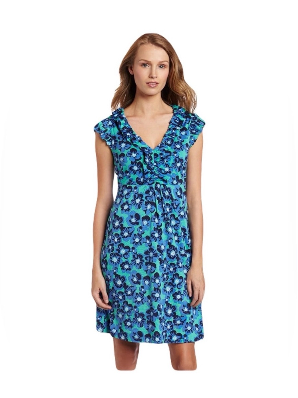 Lilly Pulitzer Turquoise & Navy Floral Ruffle-Trim Midi Dress